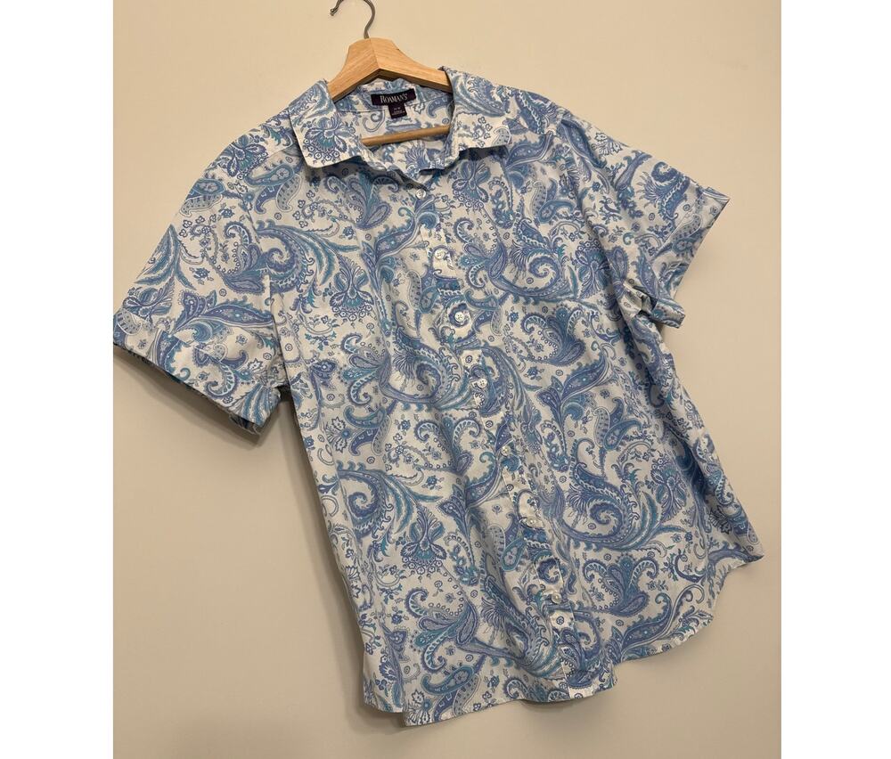 Roamans Blue Paisley Print Button Up Shirt 24W